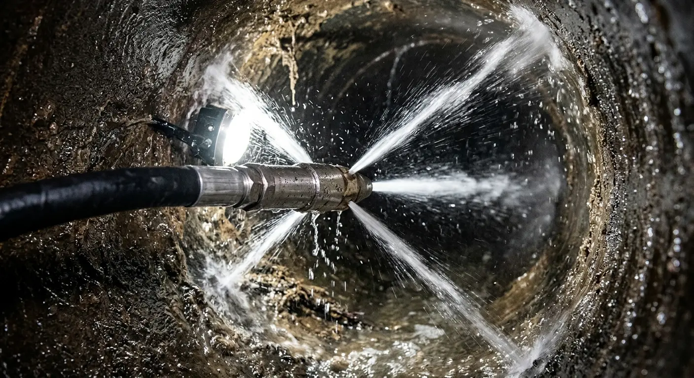 High-pressure hydro jetting nozzle cleaning sewer pipe for Trenchless Sewer Repair in Belleville