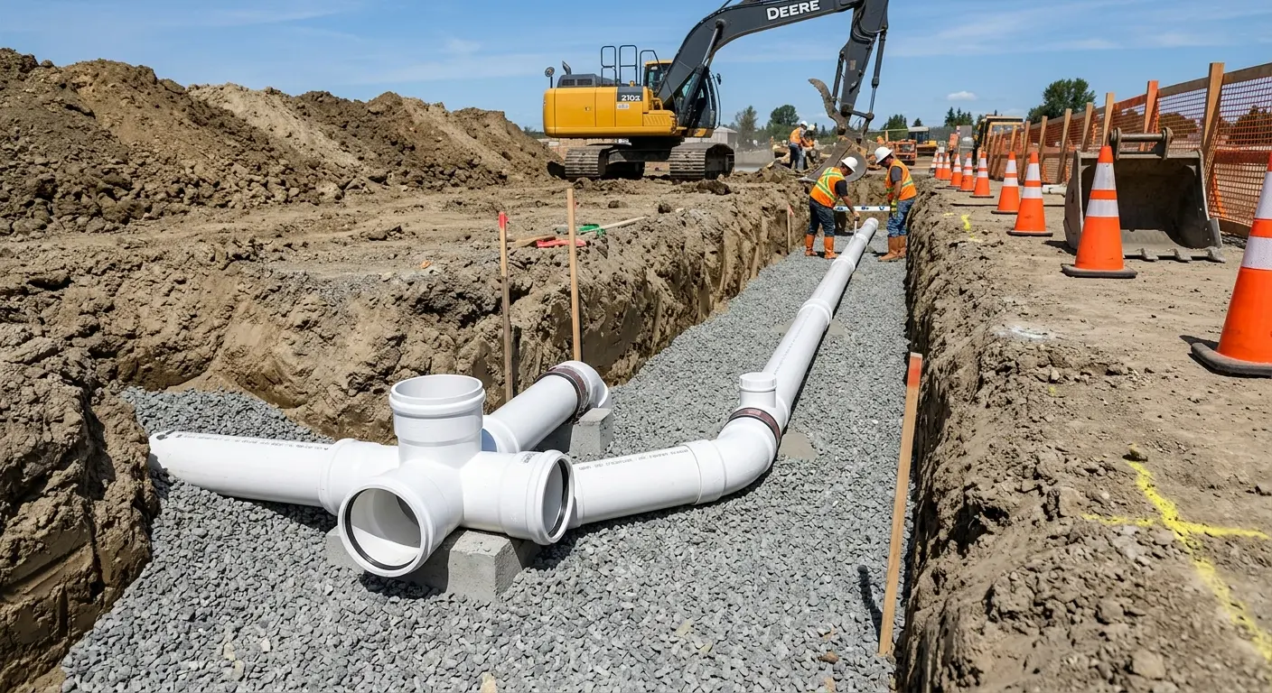 New PVC sewer pipe installation in open trench for Grease Trap Cleaning in Belleville