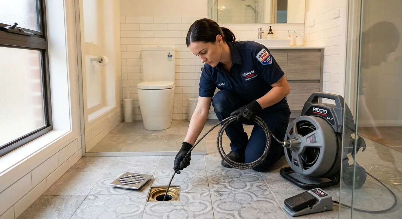 Technician clearing a bathroom floor drain for Hydro Jetting in Belleville
